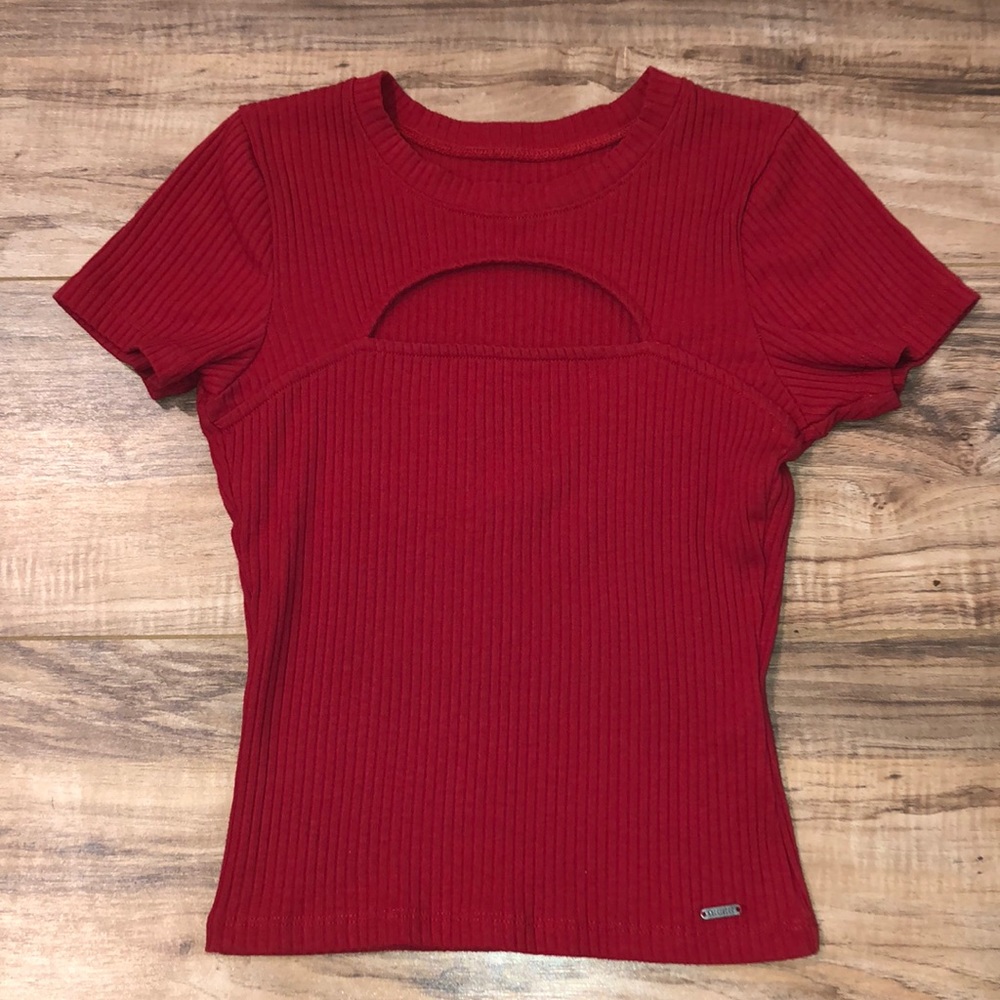 Hollister Women Red Ribbed Window Crop Baby T-shirt